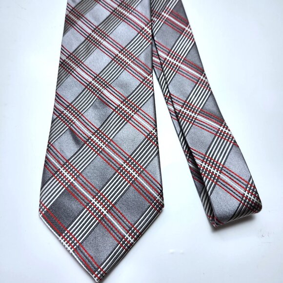 Stefano Conti Necktie Men's 100% Silk Tie 100% Italian Silk Tie Grey Red White - Picture 2 of 5